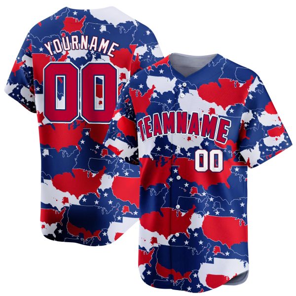Red Royal Camo Red - White 4th Of July American Map Pattern Personalized Baseball Jersey