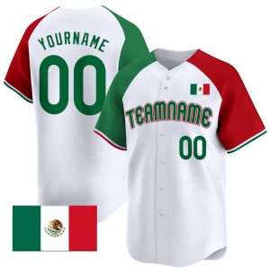 White Alternate Green - Red Mexican Flag Sleeve Stripes Personalized Baseball Jersey
