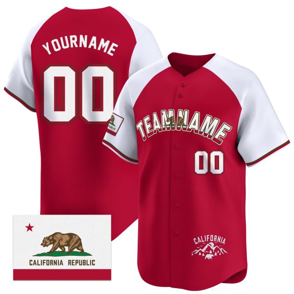 Red Alternate White California Flag Personalized Baseball Jersey