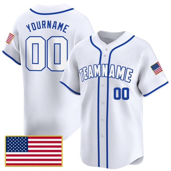 White Royal Personalized Baseball Jersey - USA Flag