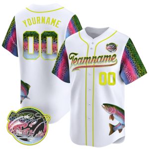 White Green - Yellow Rainbow Trout Fishing Personalized Baseball Jersey