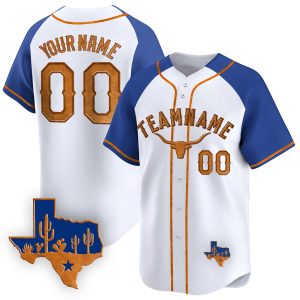 White-Royal Cowhide Texas Style Personalized Baseball Jersey