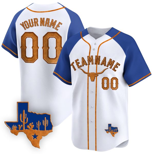 White-Royal Cowhide Texas Style Personalized Baseball Jersey