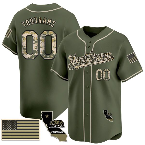 Green Camo Personalized Baseball Jersey - California Map