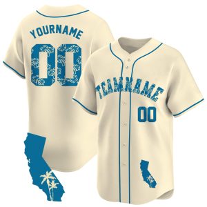 Cream Blue Palm Trees California Map Personalized Baseball Jersey