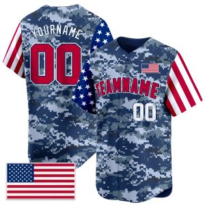 Blue Navy Red - White Camo USA Flag Personalized Baseball Jersey - Color Sleeve