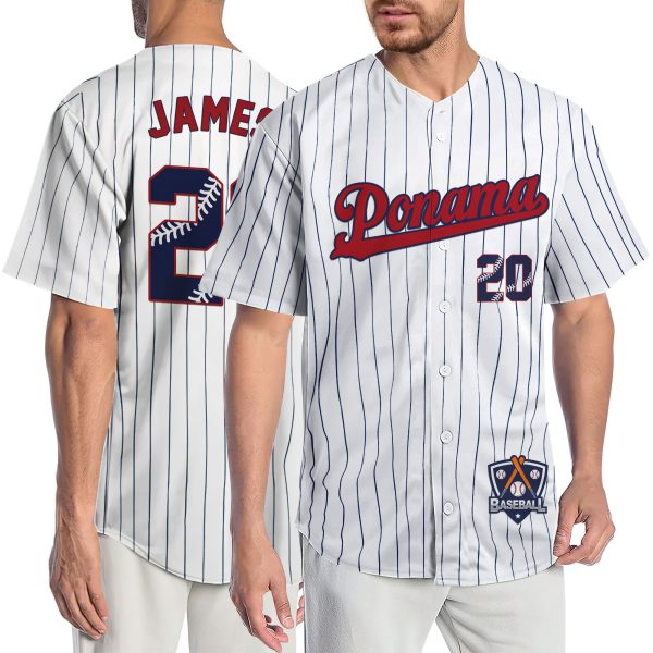 White Pinstripe Red Navy Personalized Baseball Jersey - Image 3