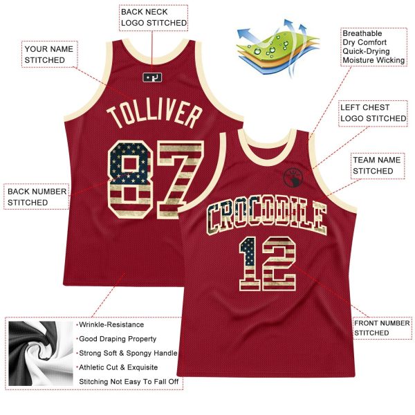 Maroon Vintage USA Flag-Cream Authentic Throwback Personalized Basketball Jersey - Image 2