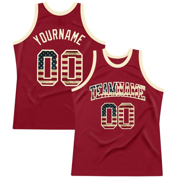 Maroon Vintage USA Flag-Cream Authentic Throwback Personalized Basketball Jersey