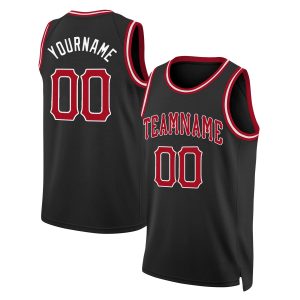 Black Red - White Round Neck RIb - Knit Personalized Basketball Jersey