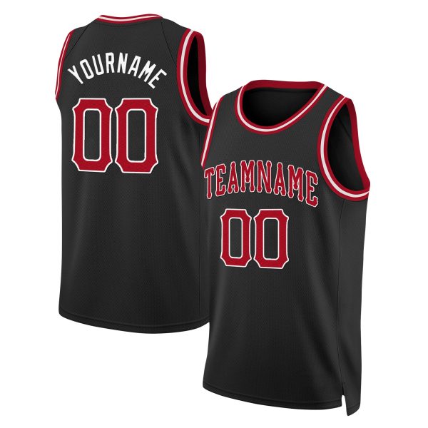 Black Red - White Round Neck RIb - Knit Personalized Basketball Jersey