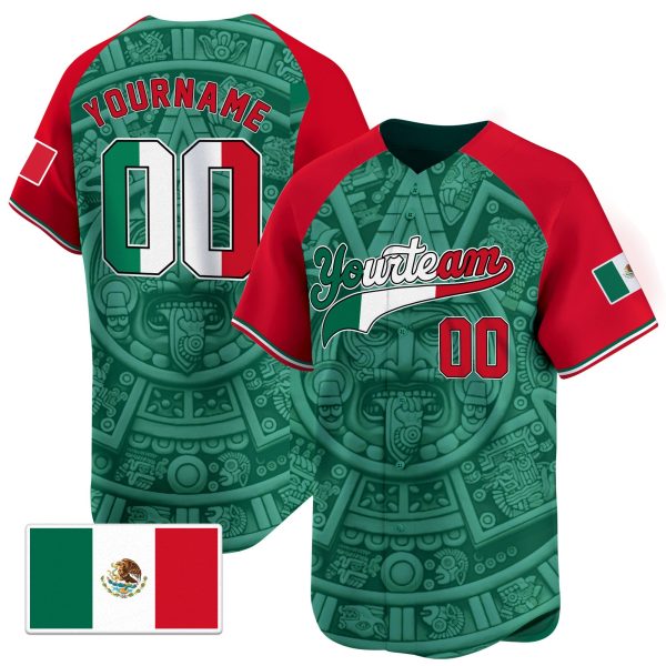 3D Green Alternate Red-White Aztec Mexico Pattern Personalized Baseball Jersey