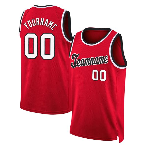 Red White - Black Round Neck Rib - Knit Personalized Basketball Jersey