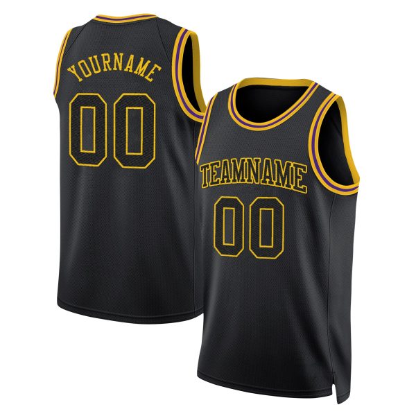 Black Black - Gold Round Neck Rib - Knit Personalized Basketball Jersey