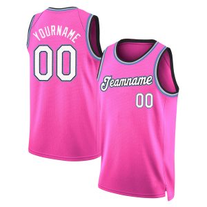 Pink White - Light Blue Round Neck Rib - Knit Personalized Basketball Jersey