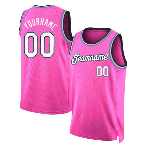 Pink White - Light Blue Round Neck Rib - Knit Personalized Basketball Jersey