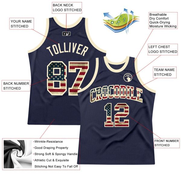 Navy Vintage USA Flag-Cream Authentic Throwback Personalized Basketball Jersey - Image 2