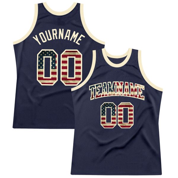 Navy Vintage USA Flag-Cream Authentic Throwback Personalized Basketball Jersey