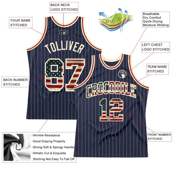 Navy White Pinstripe Vintage USA Flag Cream-Red Authentic Personalized Basketball Jersey - Image 2