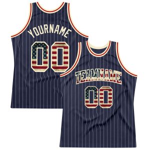 Navy White Pinstripe Vintage USA Flag Cream-Red Authentic Personalized Basketball Jersey