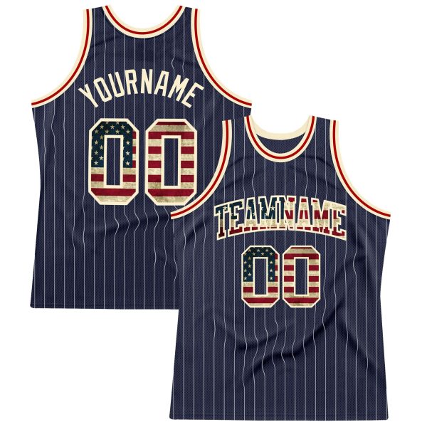 Navy White Pinstripe Vintage USA Flag Cream-Red Authentic Personalized Basketball Jersey