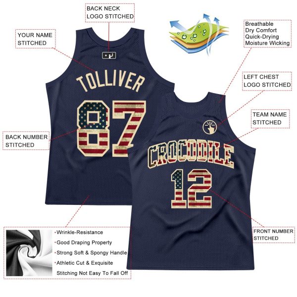 Navy Vintage USA Flag-City Cream Authentic Throwback Personalized Basketball Jersey - Image 2