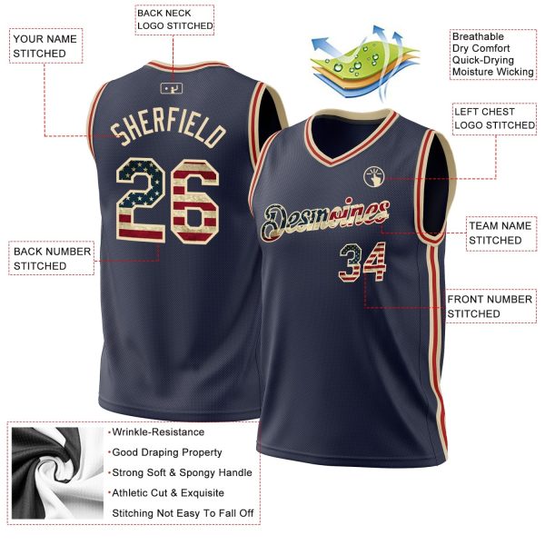 Navy Vintage USA Flag Cream-Red Authentic Throwback Personalized Basketball Jersey - Image 3