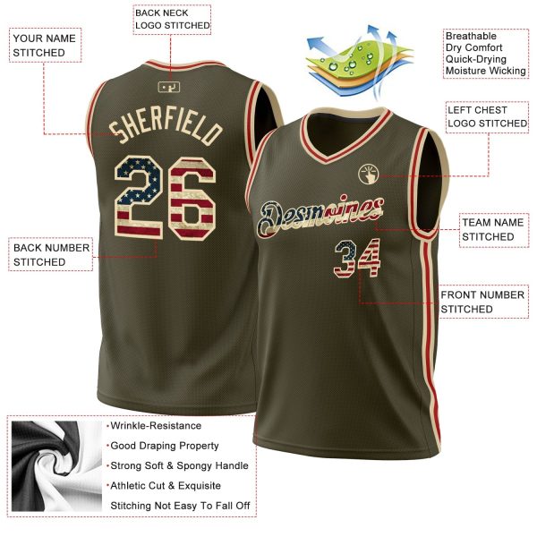 Olive Vintage USA Flag Cream-Red Authentic Throwback Salute To Service Personalized Basketball Jersey - Image 3