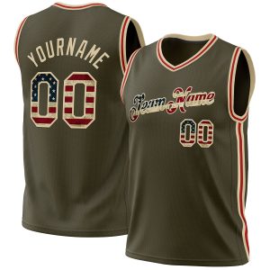 Olive Vintage USA Flag Cream-Red Authentic Throwback Salute To Service Personalized Basketball Jersey