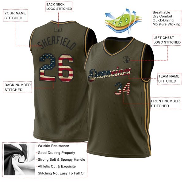 Olive Vintage USA Flag Black-Old Gold Authentic Throwback Salute To Service Personalized Basketball Jersey - Image 3