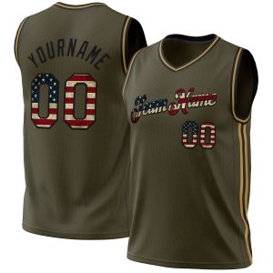 Olive Vintage USA Flag Black-Old Gold Authentic Throwback Salute To Service Personalized Basketball Jersey