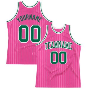 Pink White Pinstripe Kelly Green-White Authentic Personalized Basketball Jersey