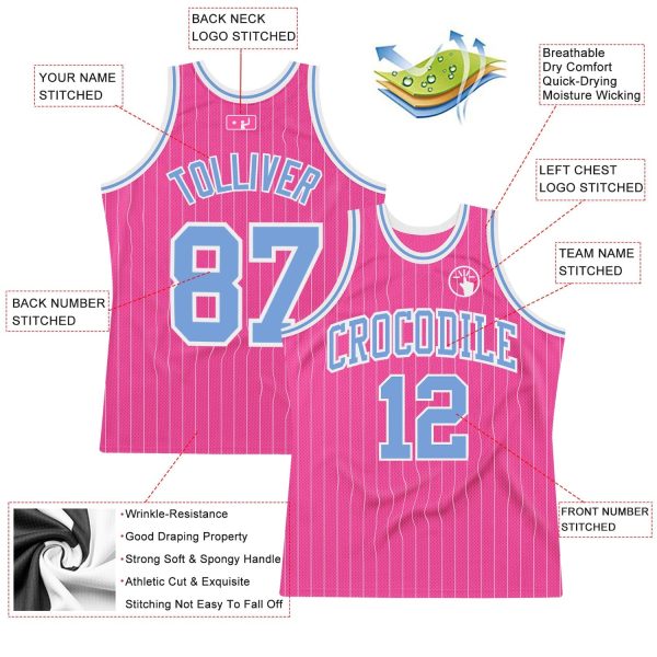 Pink White Pinstripe Light Blue-White Authentic Personalized Basketball Jersey - Image 2