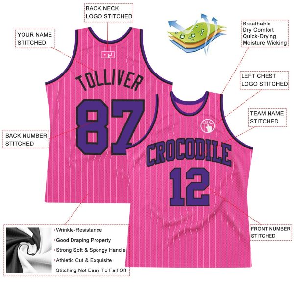 Pink White Pinstripe Purple-Black Authentic Personalized Basketball Jersey - Image 2