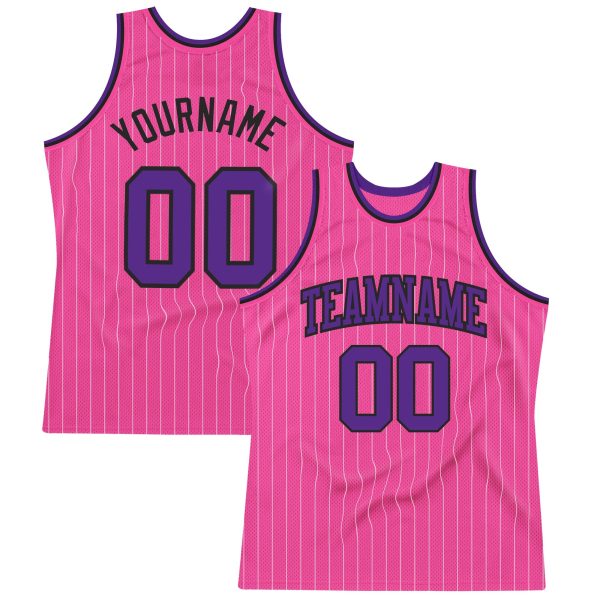 Pink White Pinstripe Purple-Black Authentic Personalized Basketball Jersey