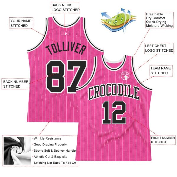 Pink White Pinstripe Black-White Authentic Personalized Basketball Jersey - Image 2