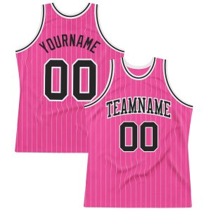 Pink White Pinstripe Black-White Authentic Personalized Basketball Jersey