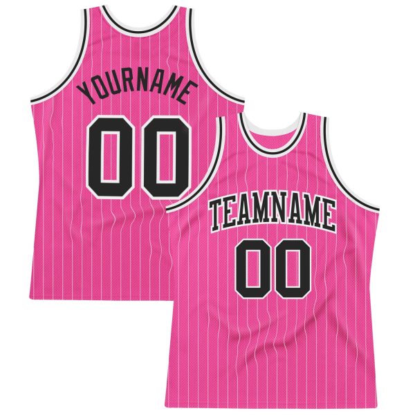Pink White Pinstripe Black-White Authentic Personalized Basketball Jersey