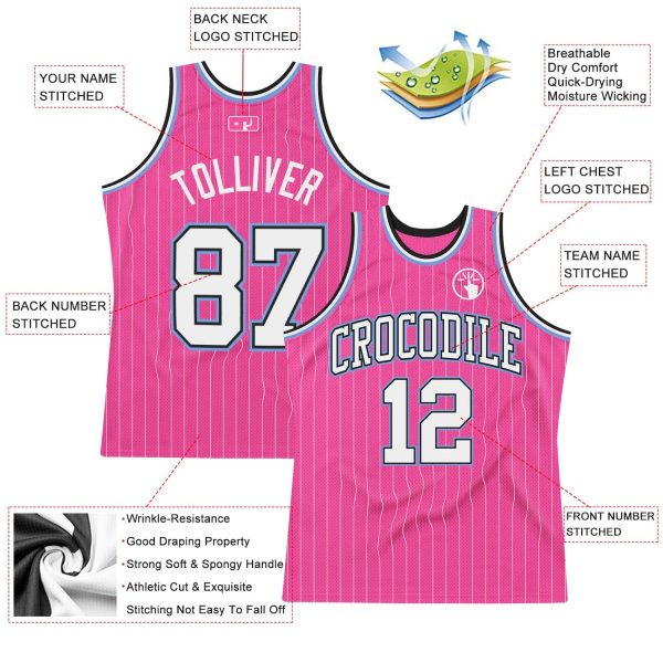 Pink White Pinstripe White Black-Light Blue Authentic Personalized Basketball Jersey - Image 2