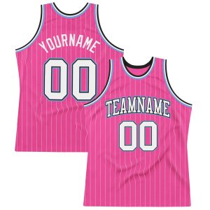 Pink White Pinstripe White Black-Light Blue Authentic Personalized Basketball Jersey
