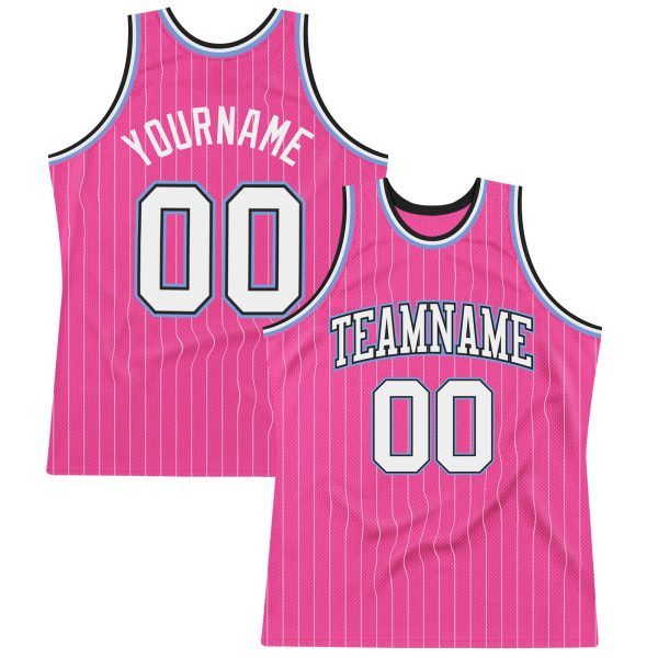 Pink White Pinstripe White Black-Light Blue Authentic Personalized Basketball Jersey