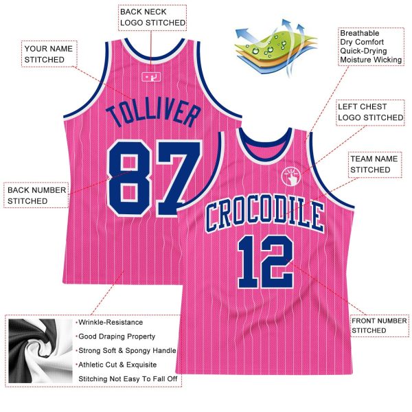 Pink White Pinstripe Royal-White Authentic Personalized Basketball Jersey - Image 2
