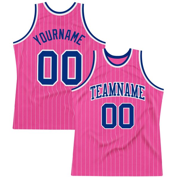 Pink White Pinstripe Royal-White Authentic Personalized Basketball Jersey