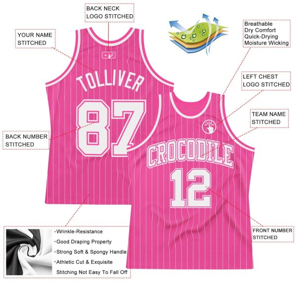 Pink White Pinstripe White-Pink Authentic Personalized Basketball Jersey - Image 2