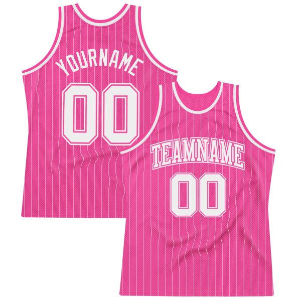 Pink White Pinstripe White-Pink Authentic Personalized Basketball Jersey