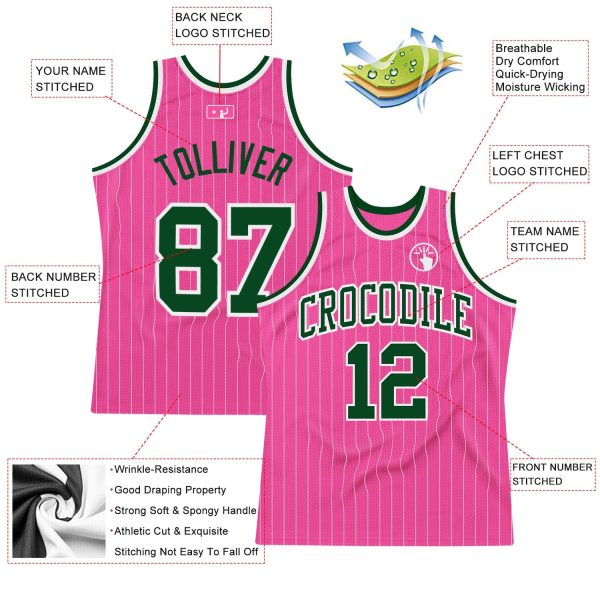 Pink White Pinstripe Green-White Authentic Personalized Basketball Jersey - Image 2