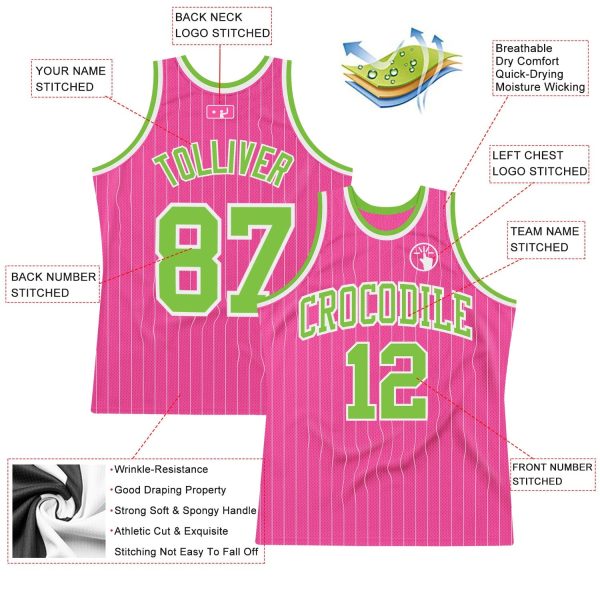 Pink White Pinstripe Neon Green-White Authentic Personalized Basketball Jersey - Image 2