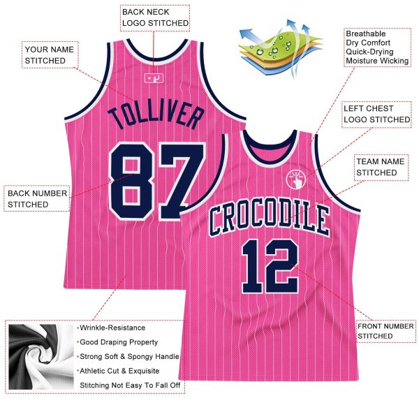 Pink White Pinstripe Navy-White Authentic Personalized Basketball Jersey - Image 2