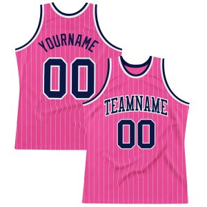 Pink White Pinstripe Navy-White Authentic Personalized Basketball Jersey