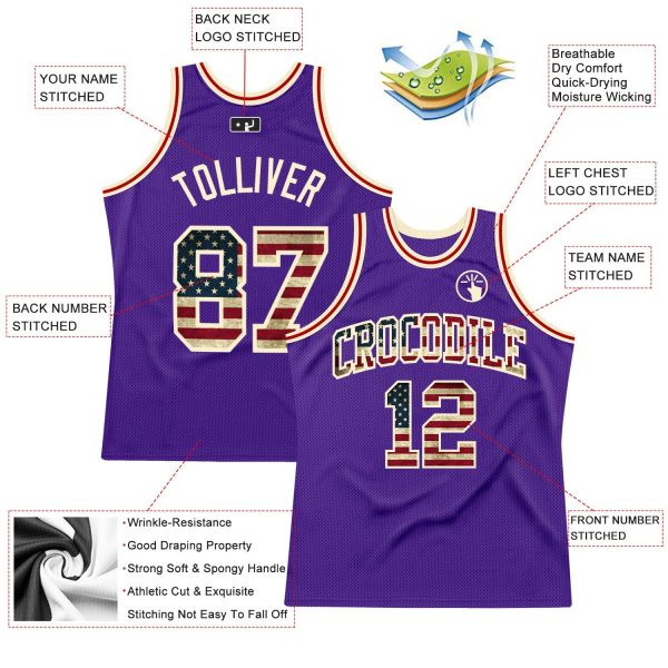 Purple Vintage USA Flag-Cream Authentic Throwback Personalized Basketball Jersey - Image 2